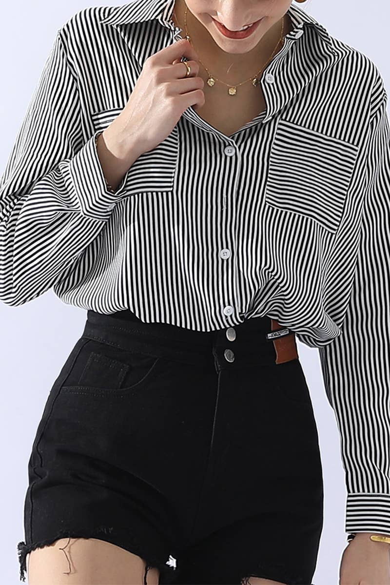 CWTSTL451_VERTICAL STRIPE BUTTON DOWN TWO POCKETS SHIRTS