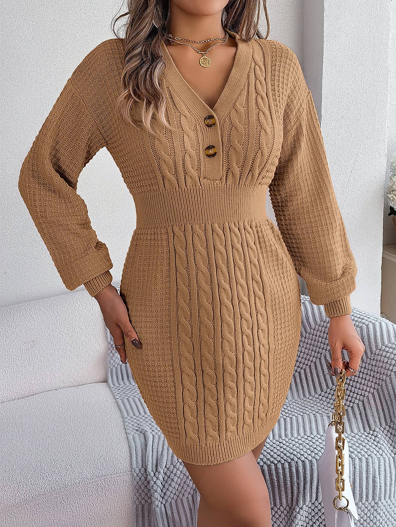 BUTTON-DOWN V-NECK SWEATER DRESS WITH HIP WRAP