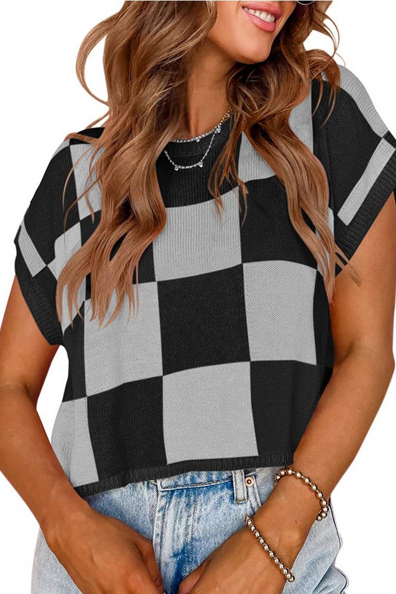 CWTTS1362_SUMMER NAVEL CHECKERBOARD SHORT SLEEVE KNIT TOP