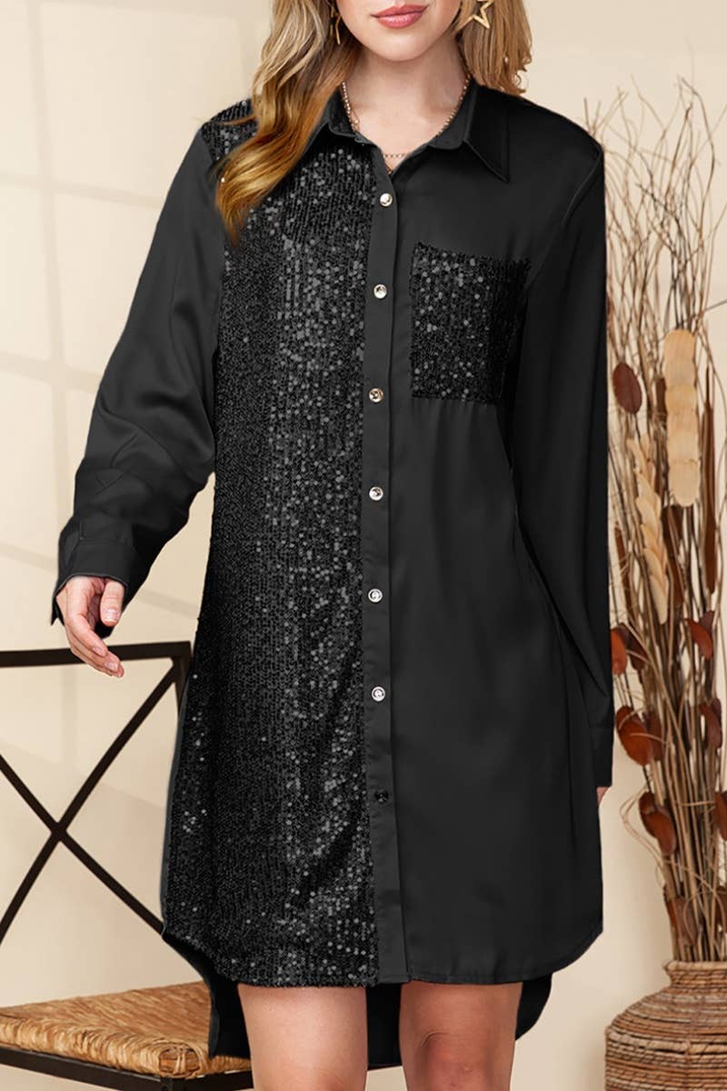 CWTSTL1283_SEQUIN LONG SLEEVE PATCHWORK SHIRT DRESS SHORT