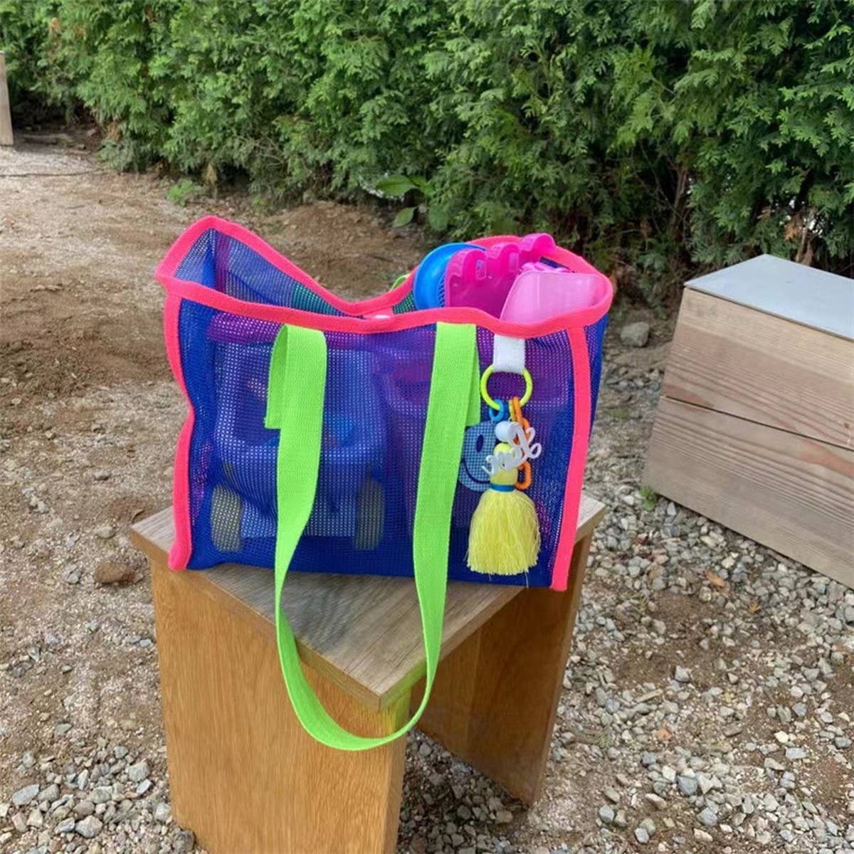 MESH CONTRAST COLOR BEACH TRAVEL STORAGE BAG_CWAB1916