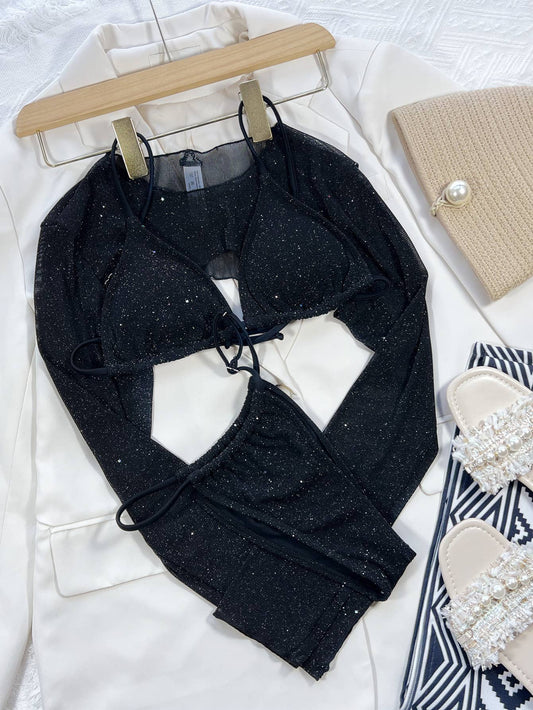 Black Long Sleeve 3-Piece Bikini Set Women’s Swimsu_CWMW0172