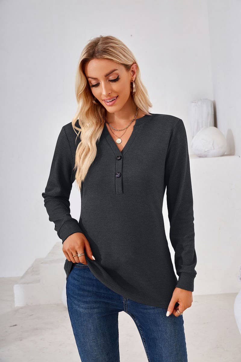 CWTBLL01312_V NECK BUTTON SOLID LONG SLEEVE LOOSE TEE