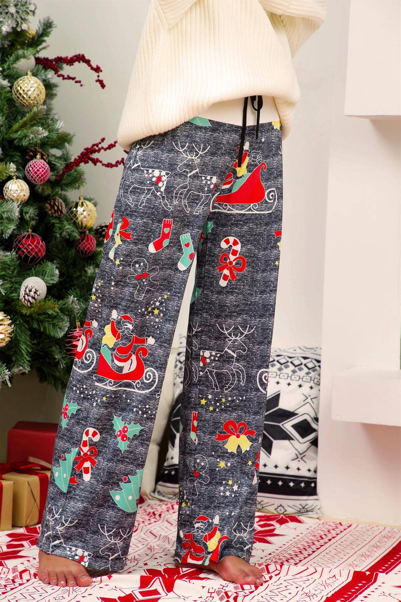 Christmas print patchwork lace-up wide-leg pants