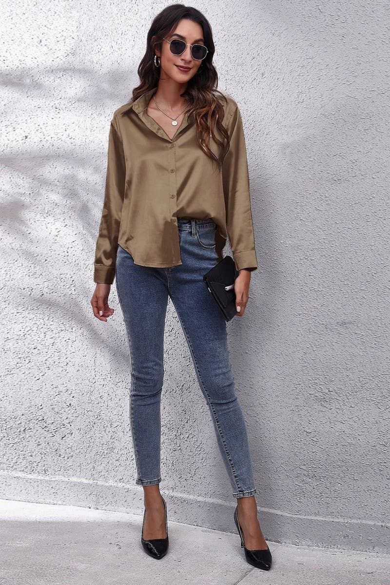 CWTBLL0691_Button Down Silky Satin Long Sleeve Top