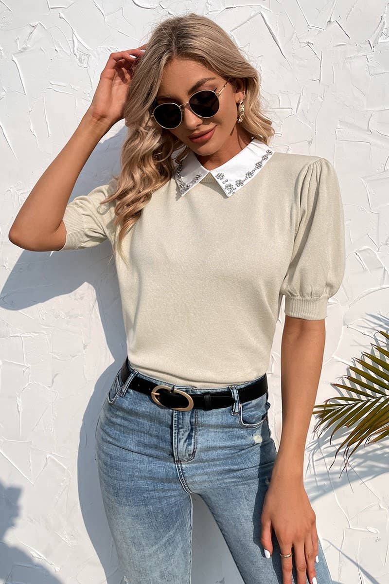 CWTTS0738_Crew Neck Puff Short Sleeve Knit Pullover Sweater