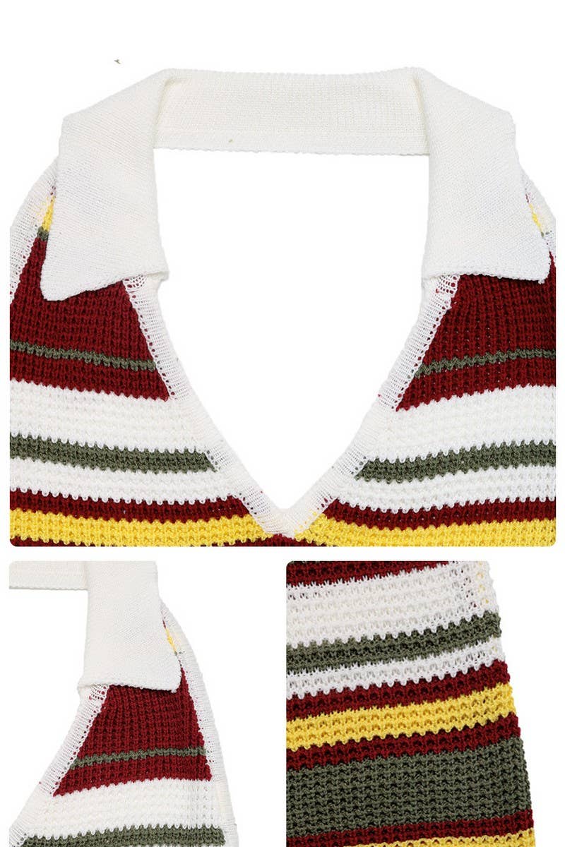 CWDHL1069_STRIPED HALTER COLLARED BODYCON DRESS