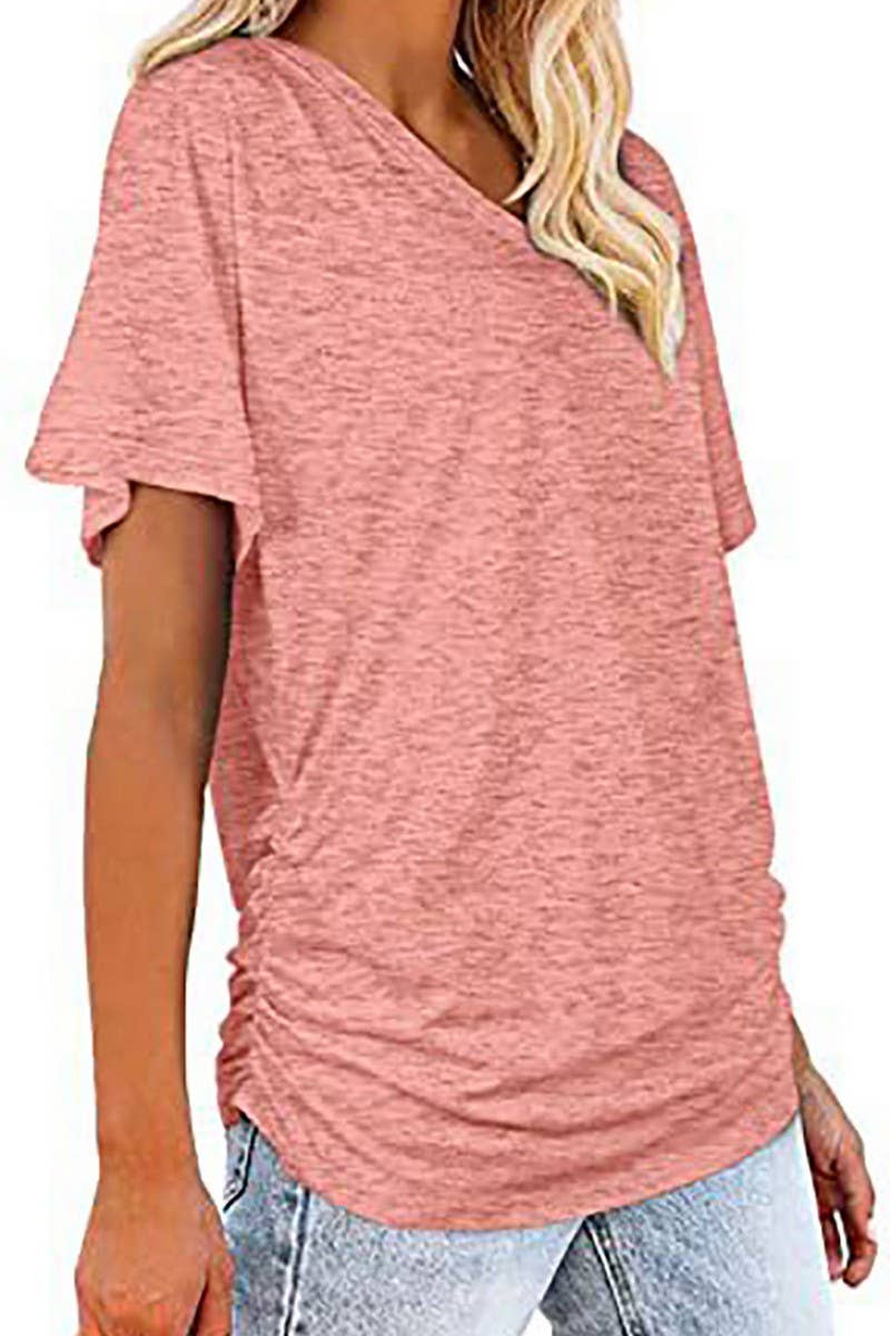 CWTTS1178_V-NECK SOLID COLOR CASUAL LOOSE TOP