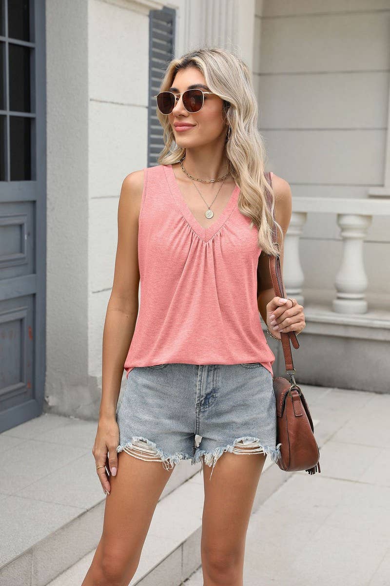 CWTTK1181_RUCHED V-NECK SLEEVELESS CASUAL TANK TOP