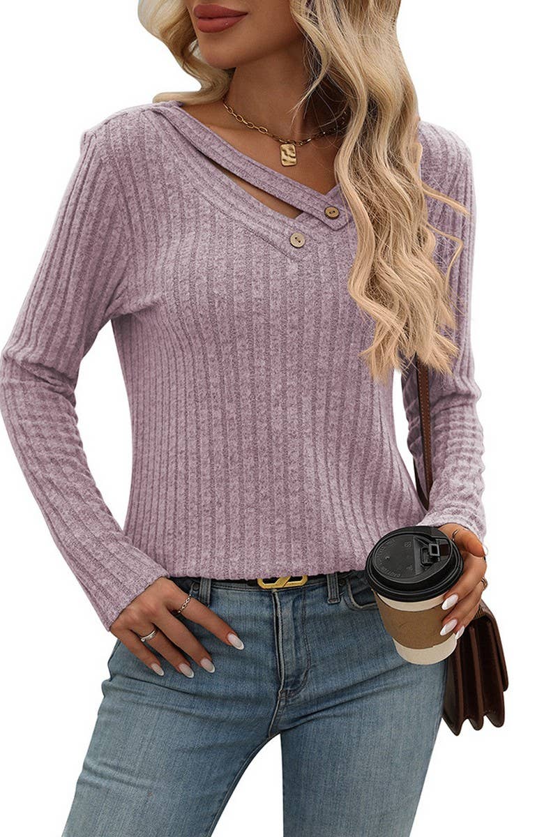 CWTBLL1487_RELAXED V NECK RIBBED BUTTON TOP