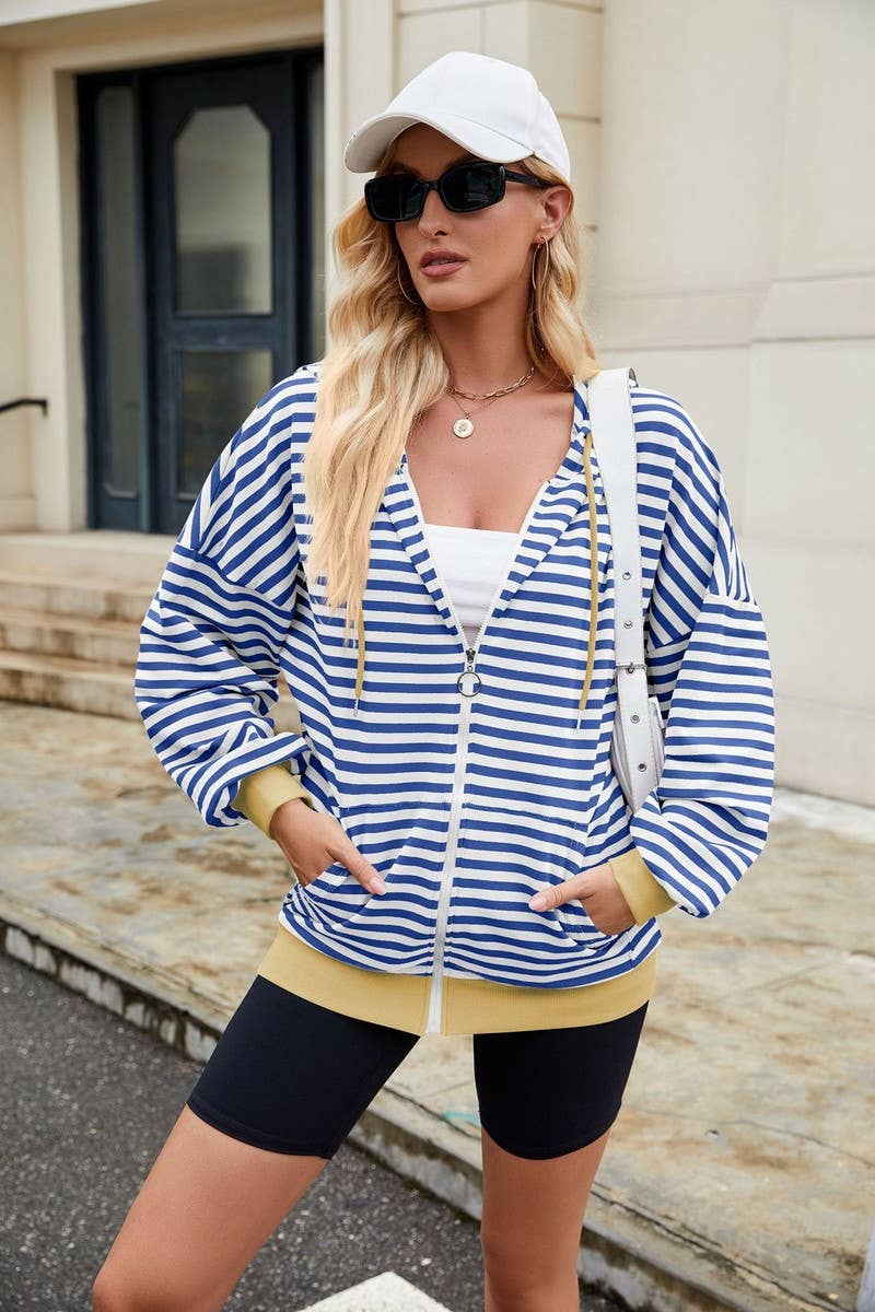 CWOCO0879_CASUAL CONTRAST STRIPE HOODED ZIP-UP SWEATSHIRT