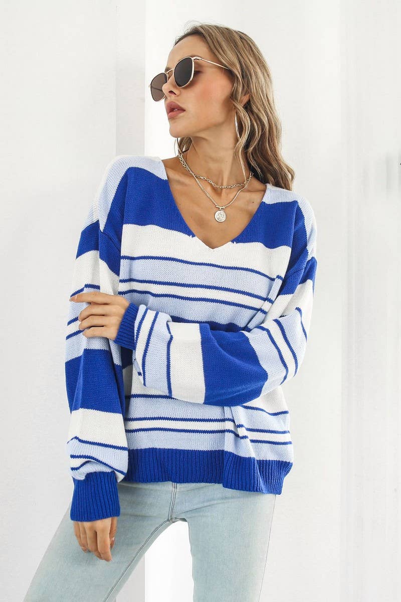 CWOSWL4085_STRIPED GRADIENT V-NECK LONG SLEEVE KNIT SWEATER