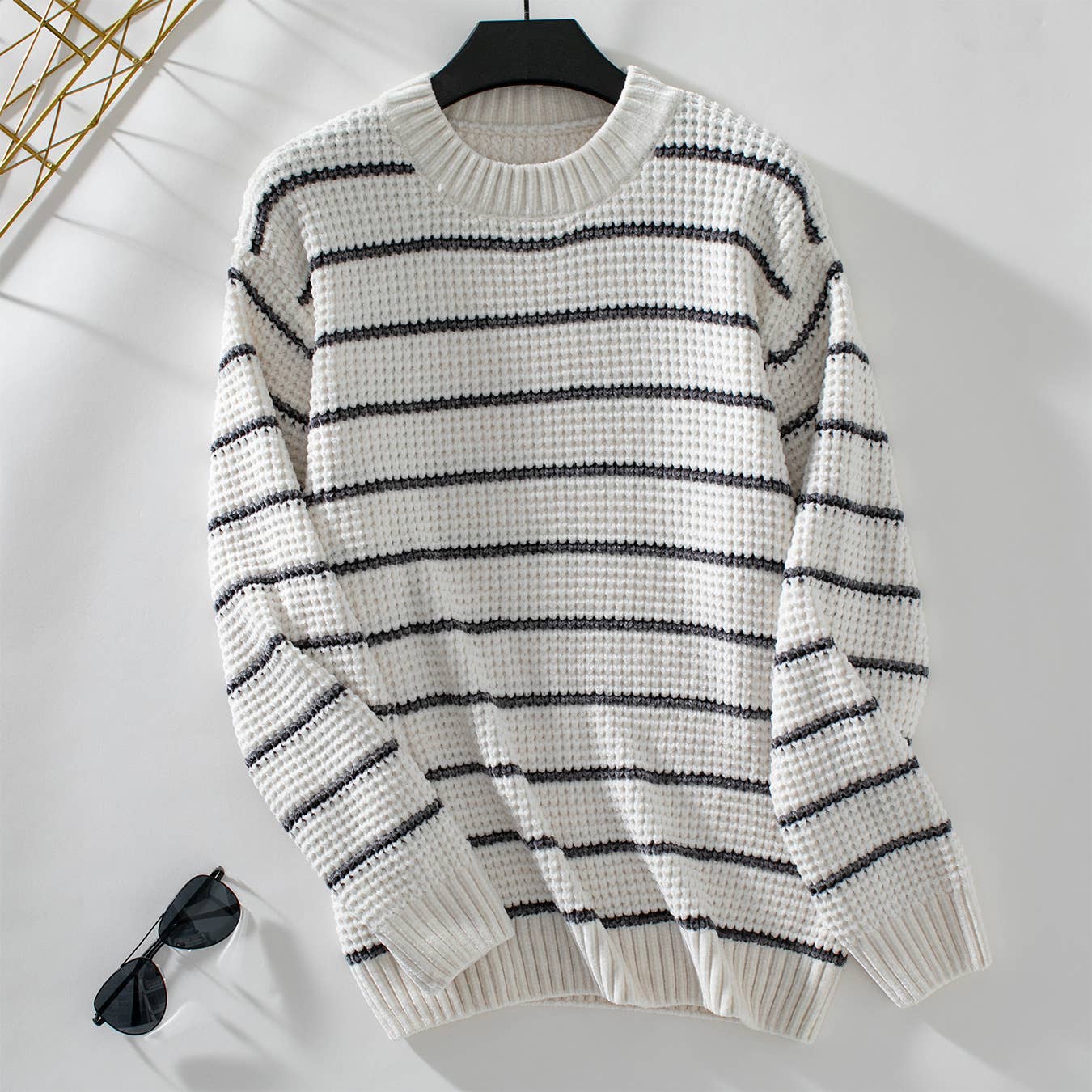 CHENILLE STRIPED CREW NECK PULLOVER SWEATER
