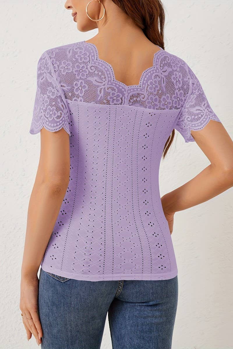 CWTBLS1528_SCALLOPED V-NECK LACE PANELED SHORT-SLEEVED TOP