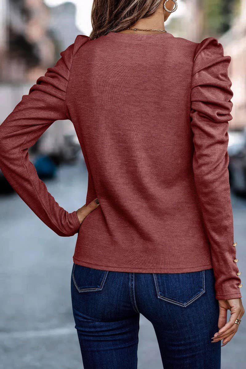 CWTBLL4005_CREW NECK PUFF SLEEVE BUTTON FRONT BLOUSE