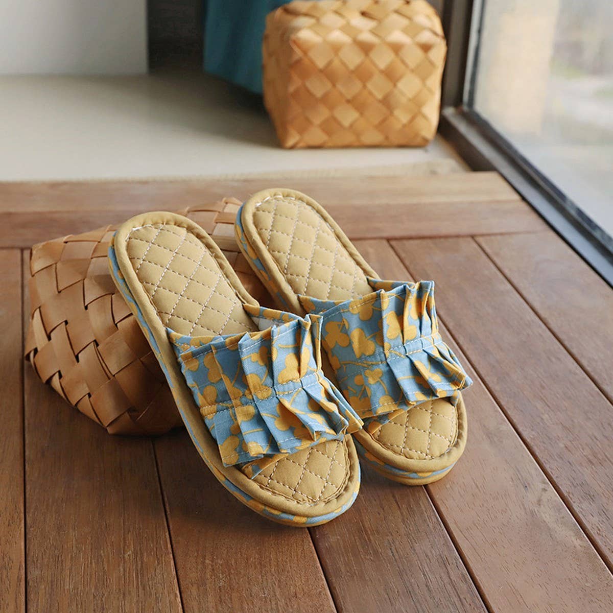 Floral Cotton Floor Slippers with Thick Sole