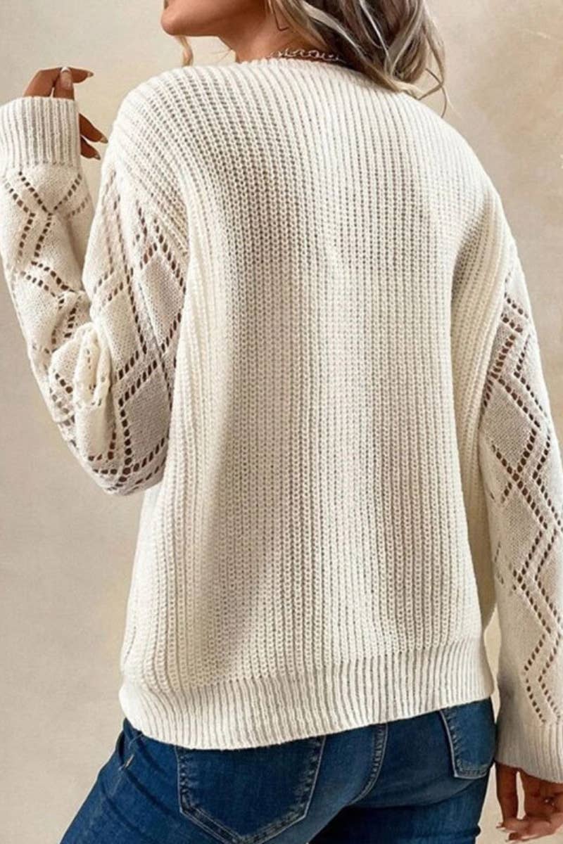 CWOSWL5181_V-NECK LACE PATCHWORK LONG-SLEEVED SWEATER