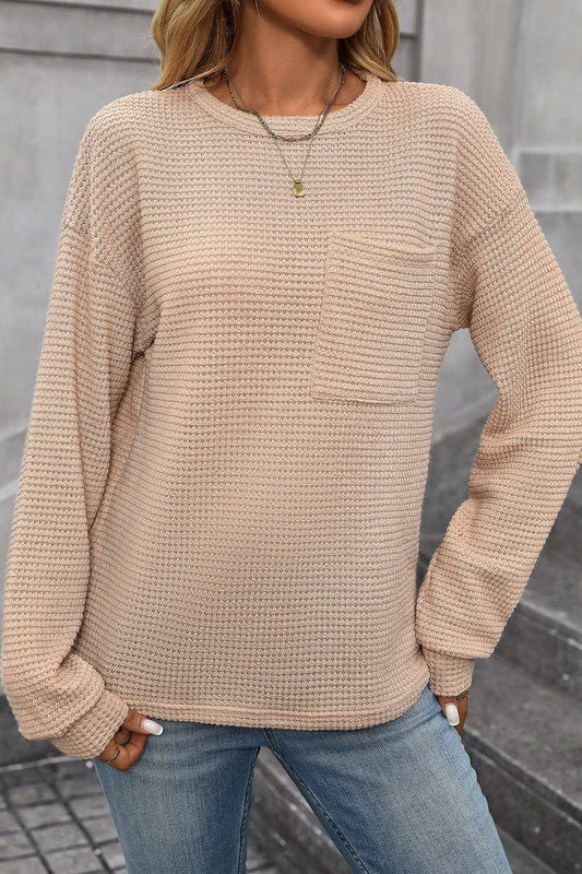 CWTBLL1821_WAFFLE SOLID COLOR ROUND NECK POCKET LOOSE TOP