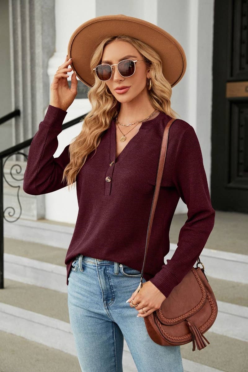 CWTBLL2804_SOLID COLOR V-NECK LONG SLEEVE BUTTON-UP TOP