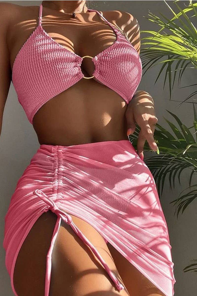 CWMW0888_SOLID COLOR HALTER NECK TWO-PIECE BIKINI SWIMSUIT