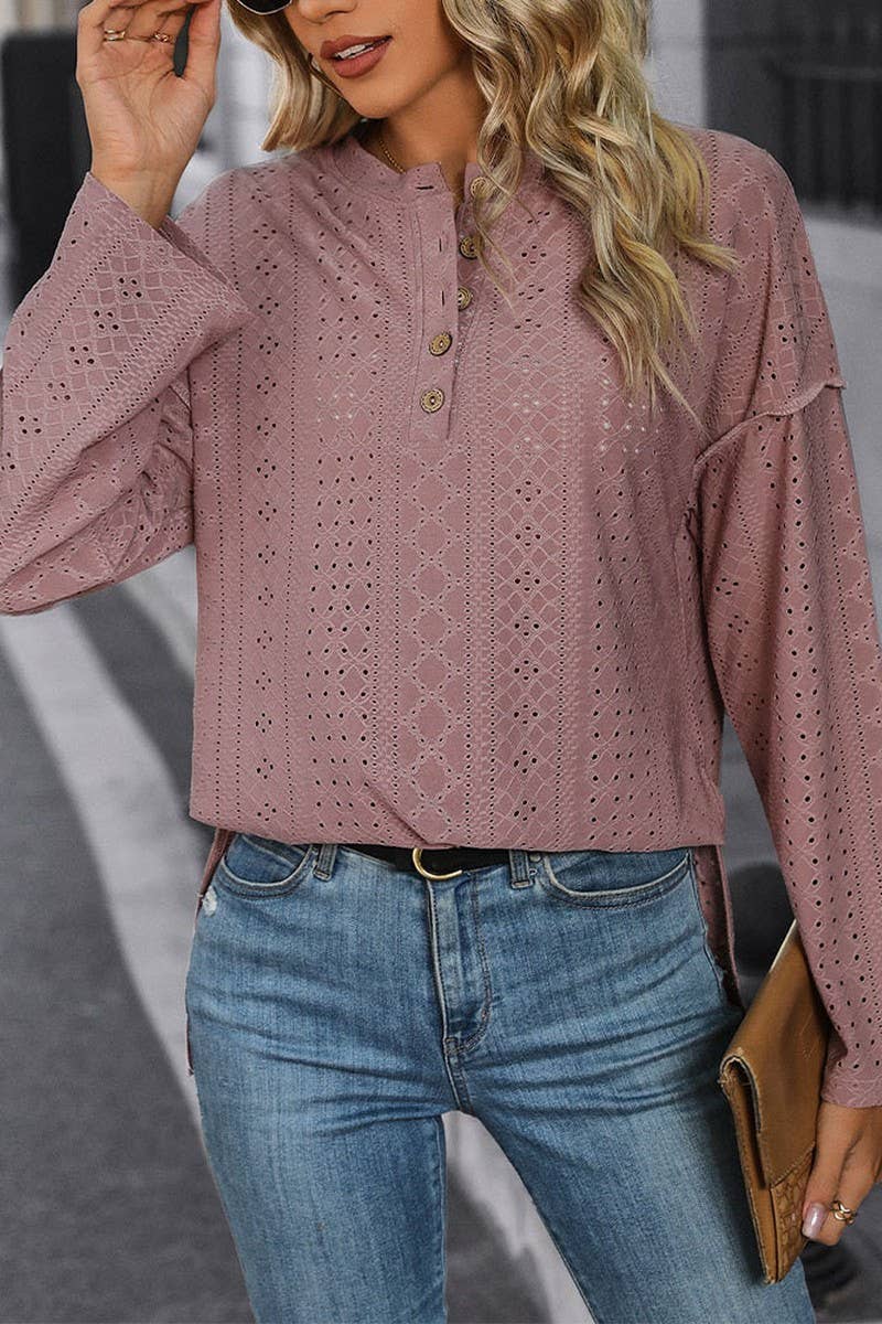 CWTBLL1238_LONG SLEEVE SOLID COLOR KNIT JACQUARD TOP