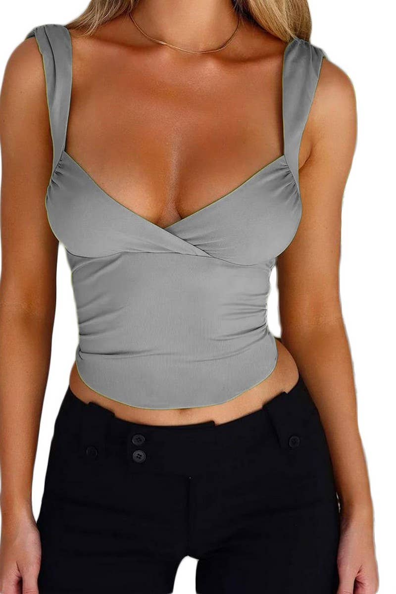 CWTBLSL0584_CROSS-OVER LARGE V-NECK BACKLESS LACE-UP TOP