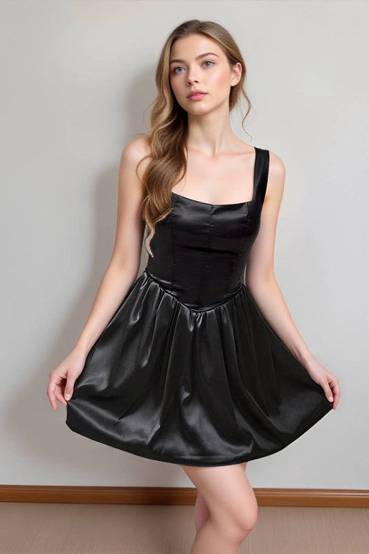 CWDSD10673_BLACK SLEEVELESS SQUARE NECK PUFF MINI DRESS