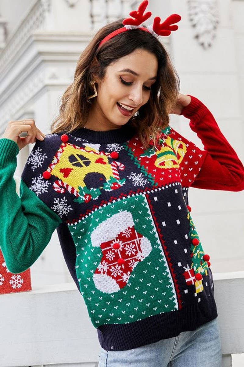CWOSWL2433_SNOWFLAKE ROUND NECK PULLOVER CHRISTMAS SWEATER