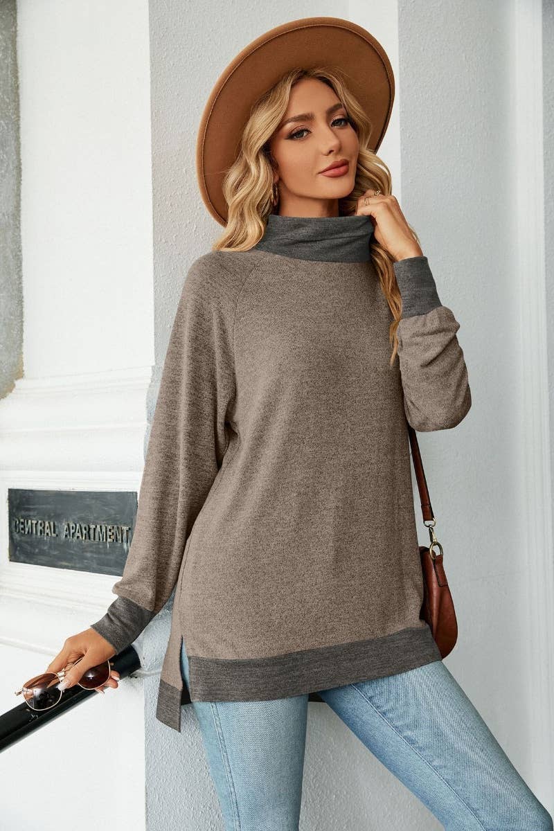 CWOSWL6537_HIGH-NECK CONTRASTING COLOR LONGSLEEVED SPLIT TOP