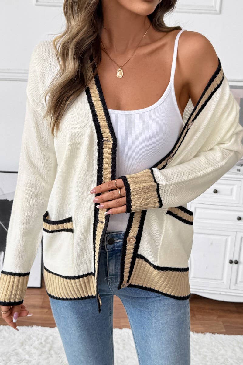CWOCAL00587_LOOSE V-NECK COLORBLOCK CARDIGAN SWEATER