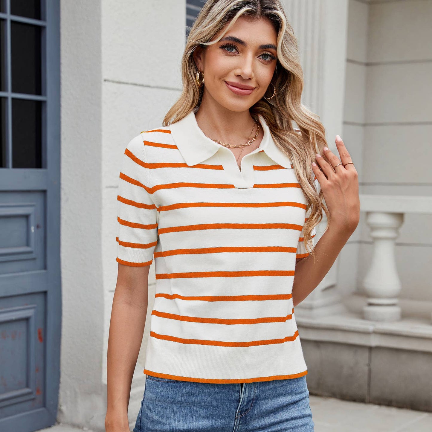 CASUAL COLOR STRIPED SWEATER WITH LAPEL NECK