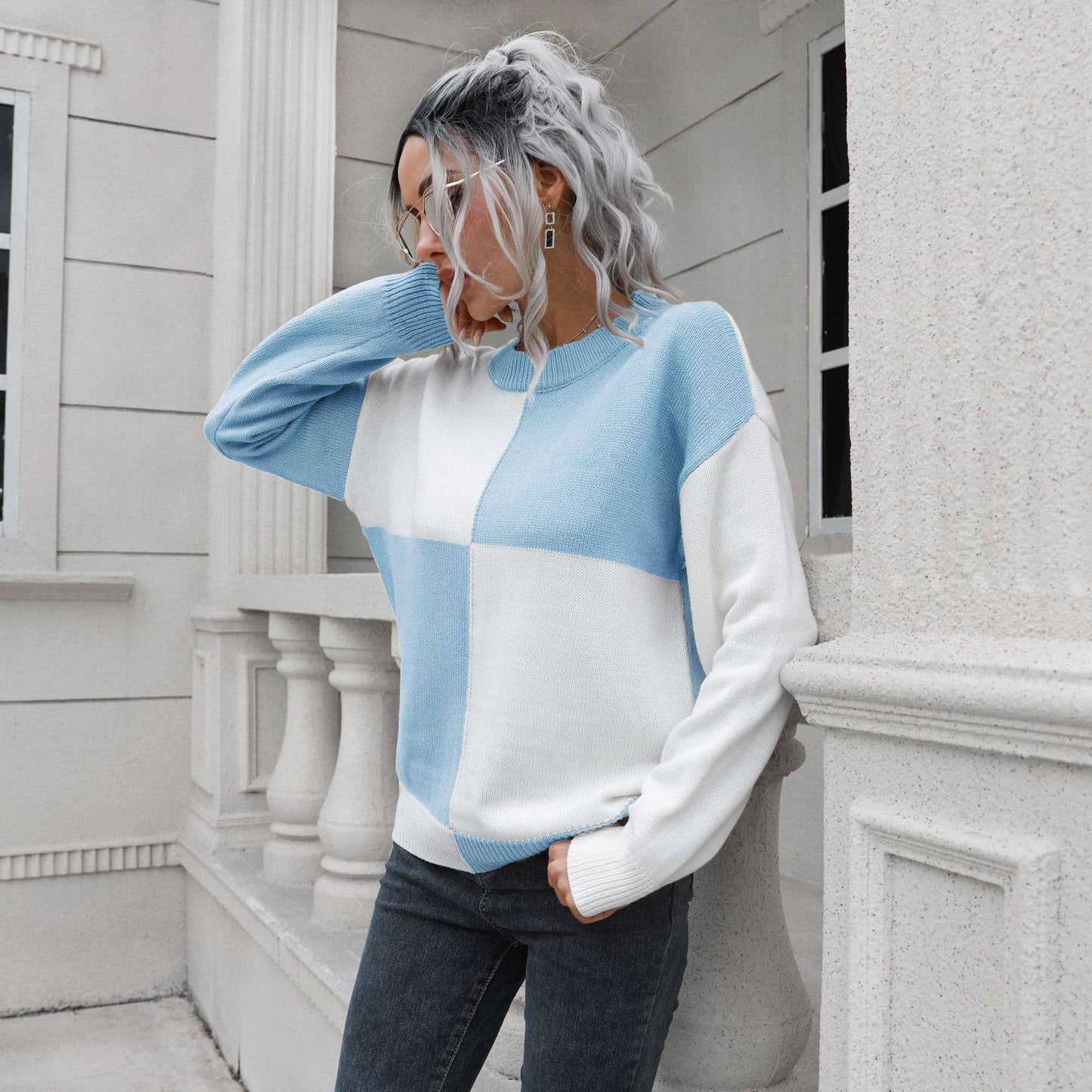 DESIGN SENSE CHECKERED LONG-SLEEVED SWEATER