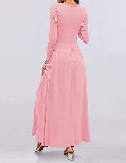 CREW NECK PLEATED POCKET SLIM LONG-SLEEVE DRESS