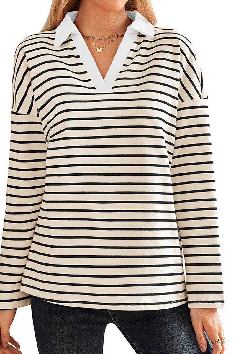 CWTBLL3674_STRIPED V-NECK LOOSE LAPEL SWEATSHIRT TOP