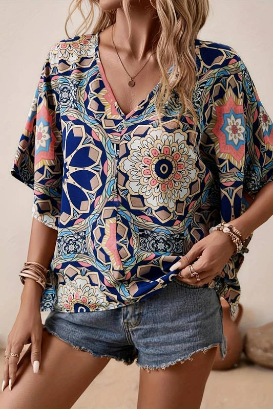 CWTBLS2057_SUMMER LOOSE VINTAGE FLORAL V-NECK SHIRT