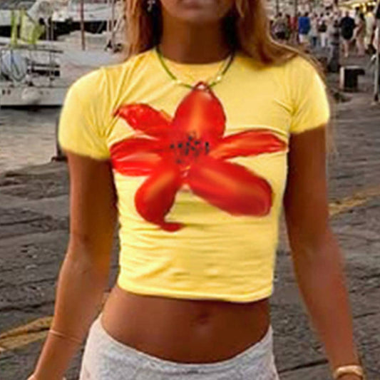 Crew neck slim-fit short-sleeved short T-shirt