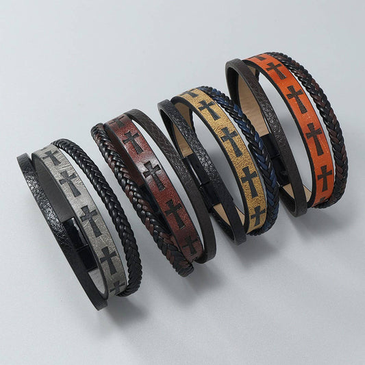 MULTI-LAYER HAND-WOVEN PU LEATHER CROSS BRACELET