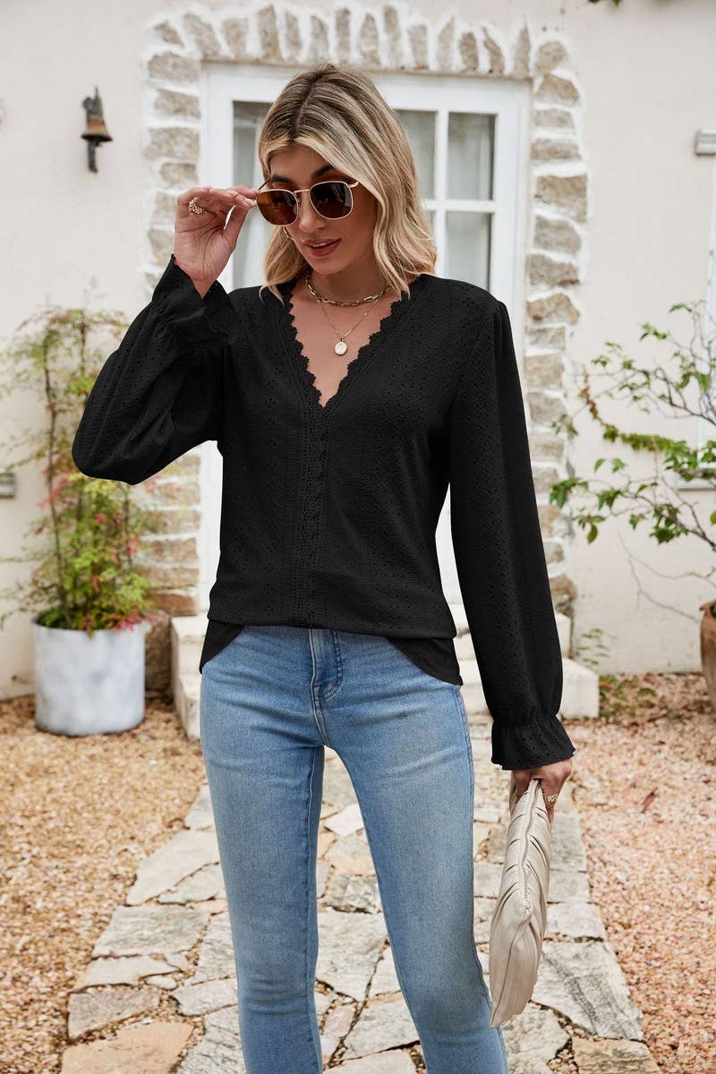 CWTBLL1045_SOLID COLOR V-NECK EYELET LOOSE TOP