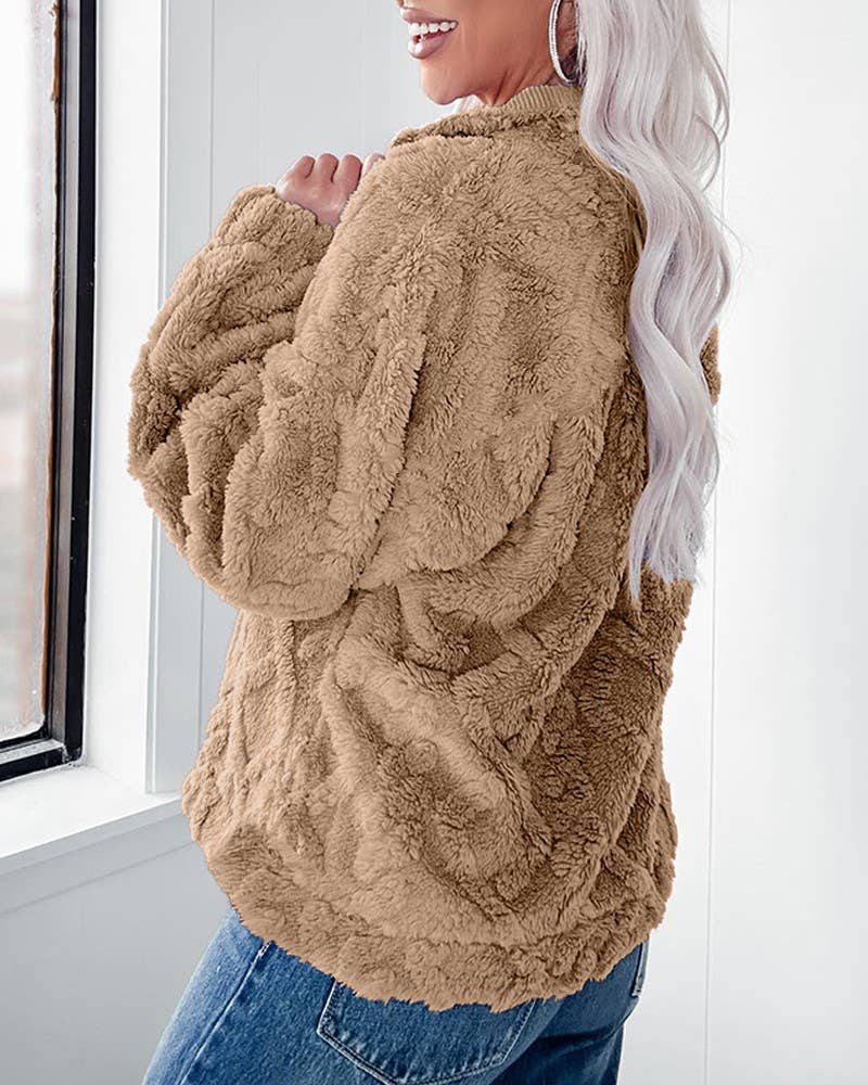 CASUAL LOOSE SOLID COLOR LAPEL FLEECE SWEATER