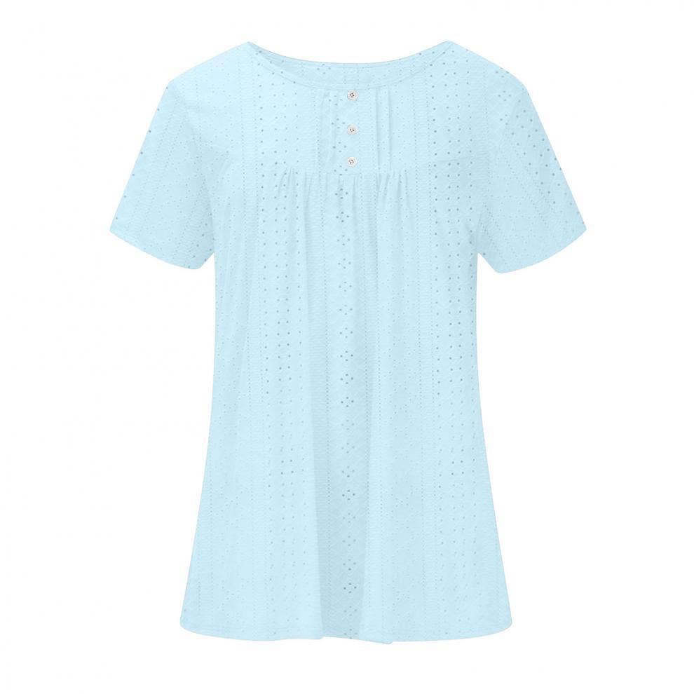 Crew-neck pleated button solid color ripped shirt