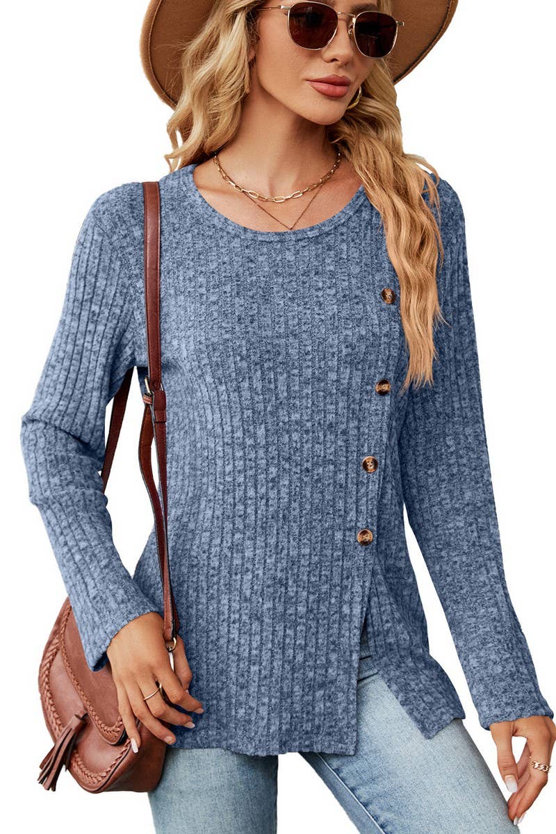 CWTBLL2408_ROUND NECK BUTTON SLIT LOOSE LONG SLEEVE TOP