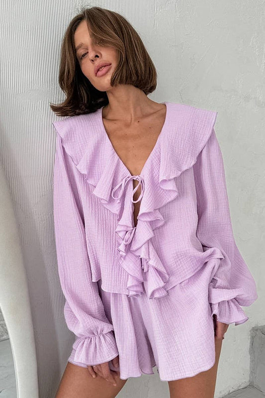 CWSPJ0284_RUFFLED COTTON LONG SLEEVE SHORTS PAJAMA SET