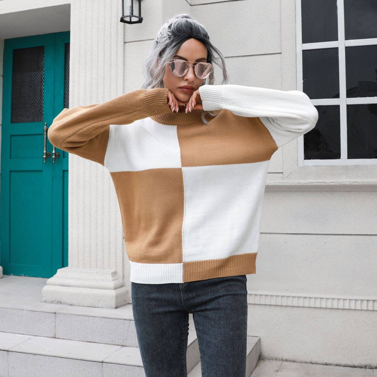 DESIGN SENSE CHECKERED LONG-SLEEVED SWEATER