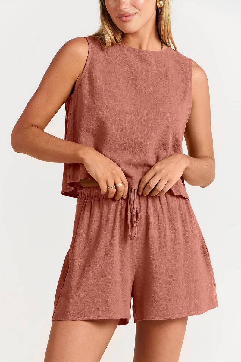 CWSTB1594_SOLID COLOR SLEEVELESS TOP SHORTS TWO PIECE SET
