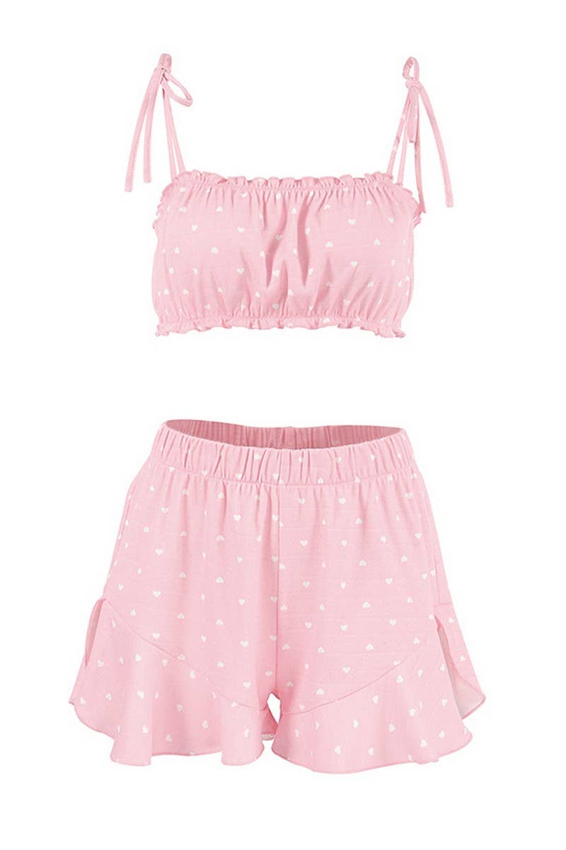 CWSPJ0206_PINK SUSPENDER SHORTS PAJAMAS HOMEWEAR SET