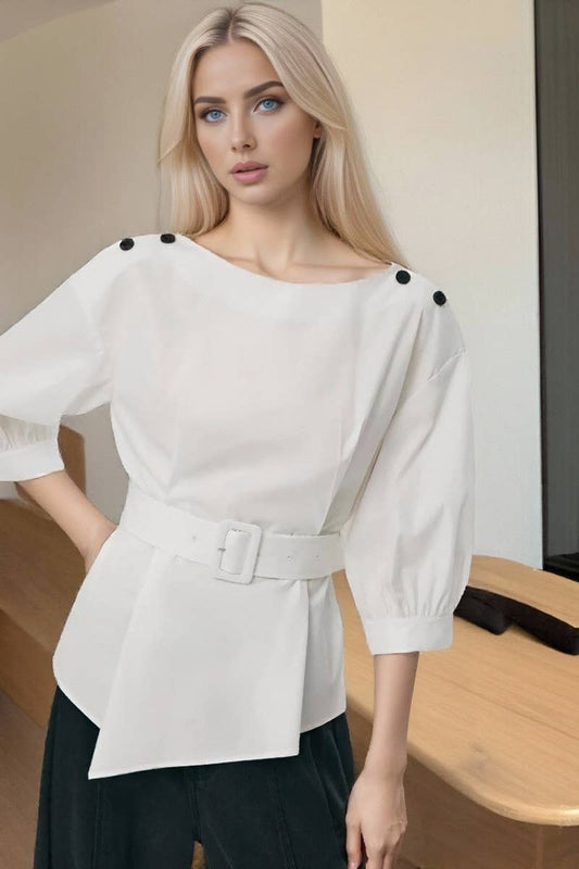 CWTBLS2335_BELTED IRREGULAR HEM 3/4 SLEEVE SHIRT