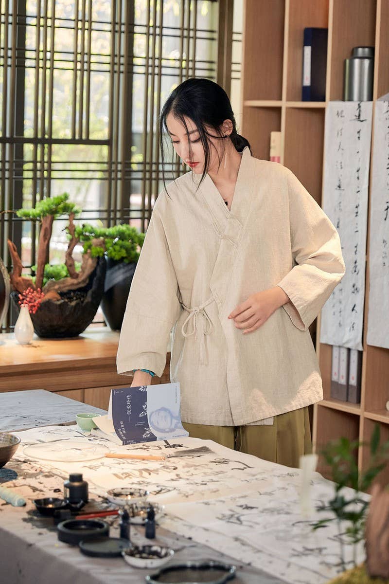 CWOCO0906_RAMIE STAND COLLAR TIE RETRO SHORT CARDIGAN COATS