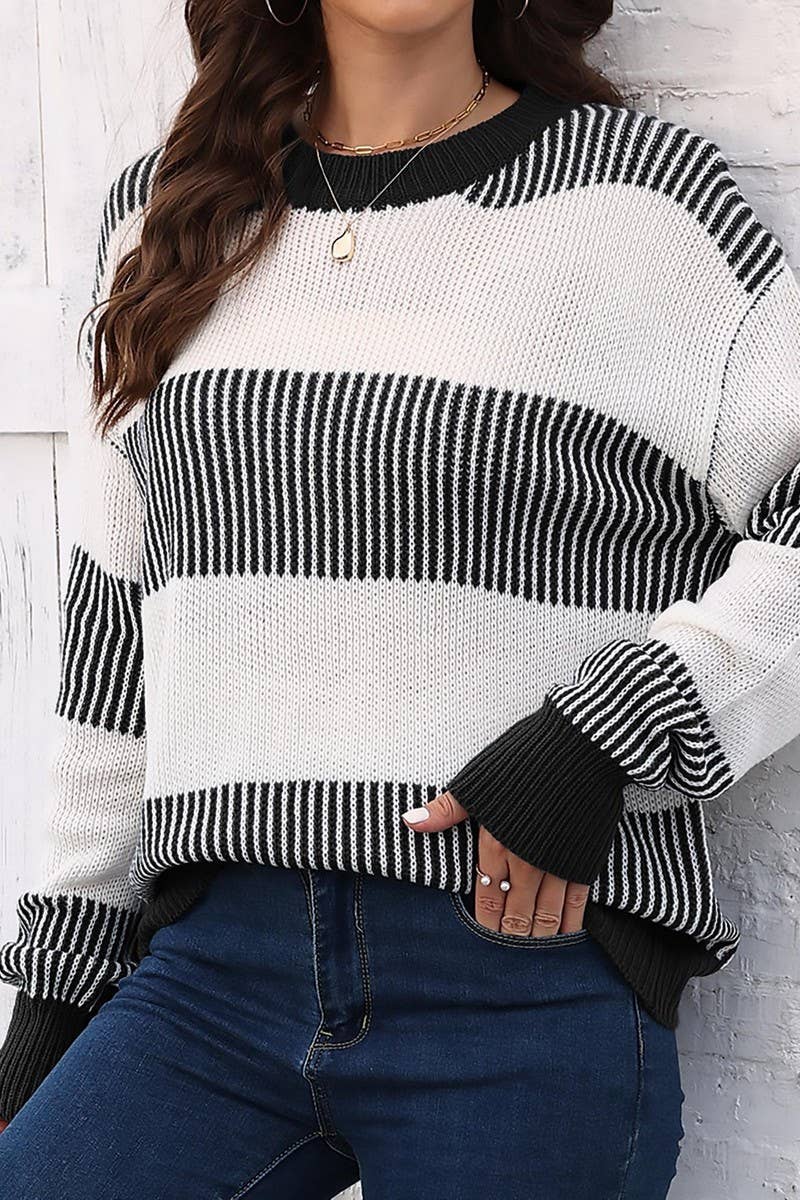 CWOSWL07341_WOMEN CASUAL COLOR BLOCK STRIPED KNIT SWEATER