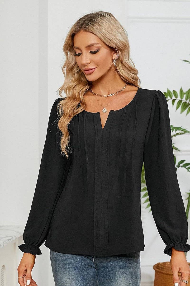 CWTBLL4004_SOLID V-NECK LONG SLEEVE PLEATED CHIFFON BLOUSE