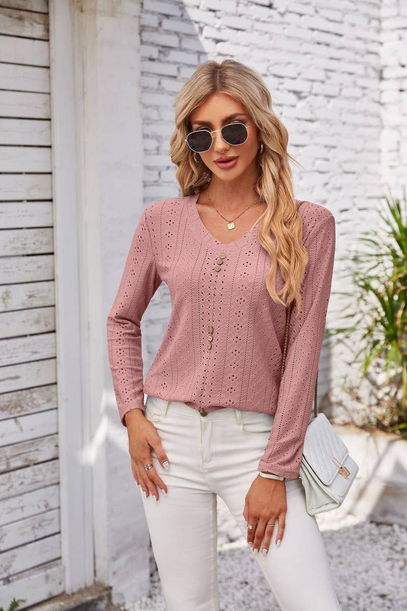 CWTBLL1042_V-NECK LONG-SLEEVED T-SHIRT TOP